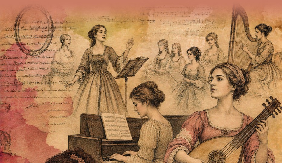 Ilustracion de Mujeres Protagonistas en la Musica: mujeres tocando el piano y el laud
